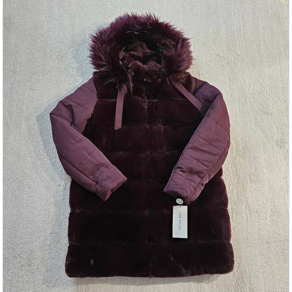 Via Spiga Burgundy Faux Fur Parka Size Small